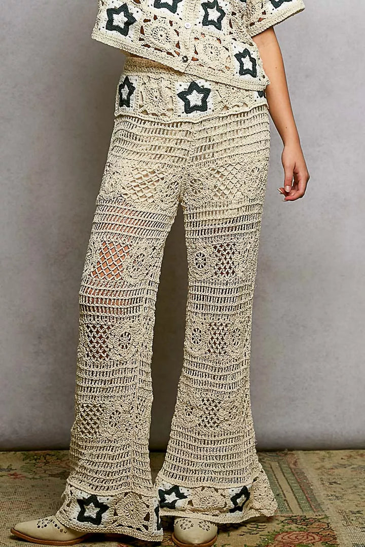 Natural/Indigo Pol Openwork Crochet Flare Pants With Contrast Star 1