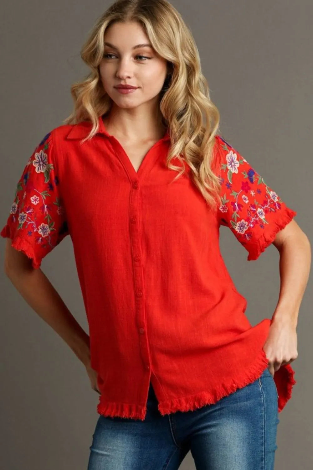 Red Umgee Full Size Linen Shirt With Embroidered Sleeves Plus Size 1