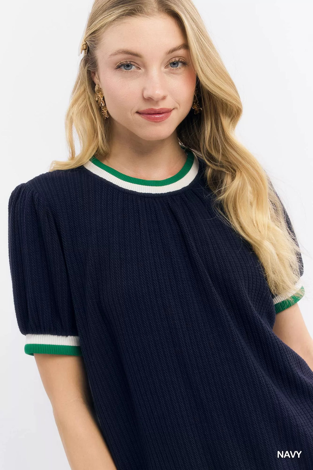 Umgee Puff Sleeve Knit Top With Contrast Rib Trim 1