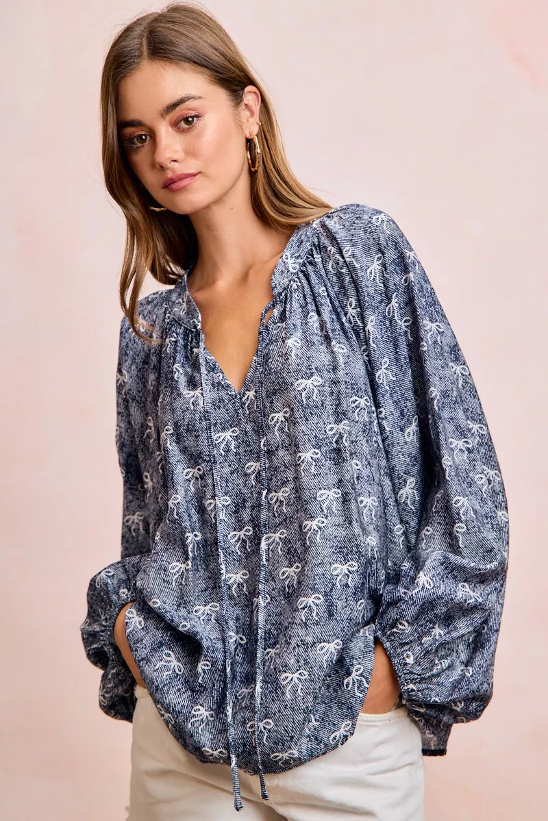 Navy/White Bow Bibi Ribbon Bow Print Exaggerated Balloon Sleeves Top