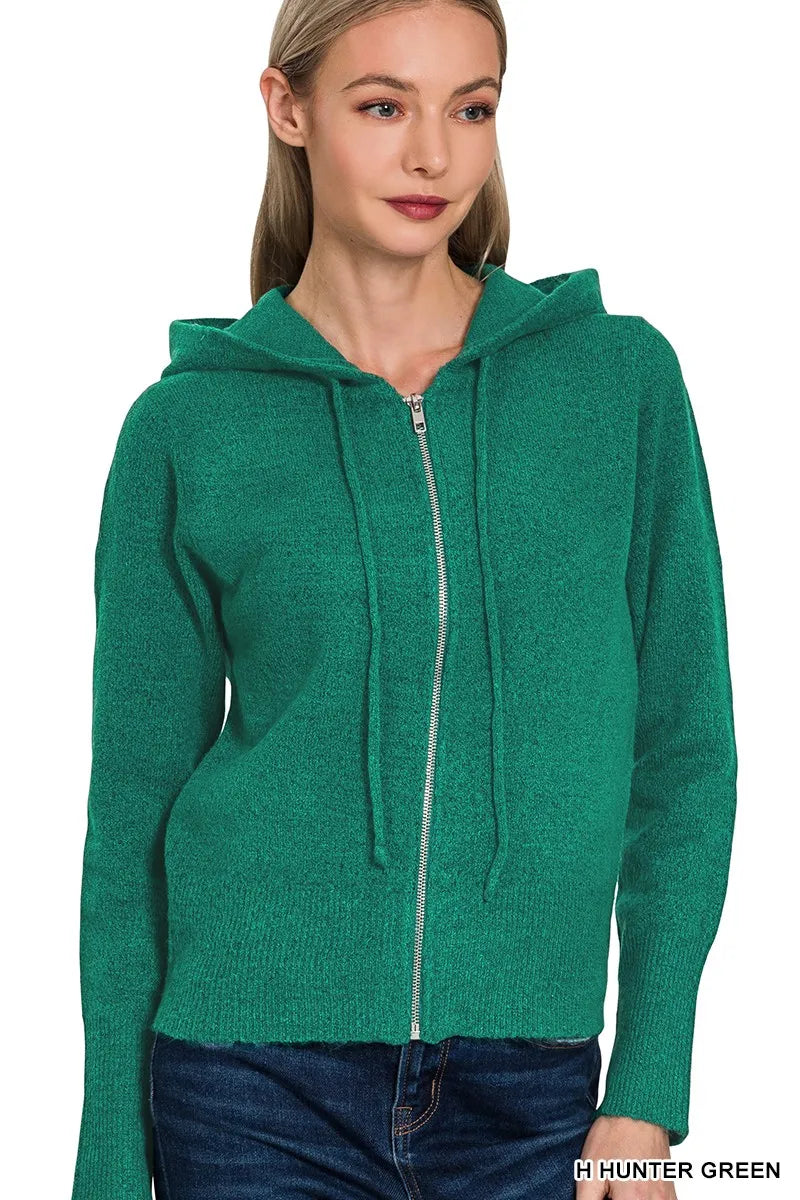 H Hunter Green Zenana Drawstring Zip Up Hooded Cardigan 2
