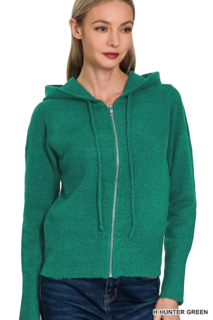 H Hunter Green Zenana Drawstring Zip Up Hooded Cardigan 2