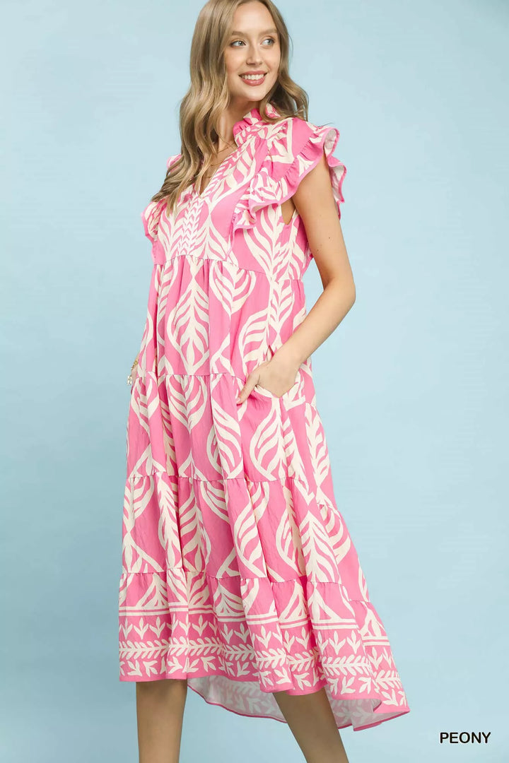 Peony Umgee Leaf Print Tiered Maxi Dress With Pockets