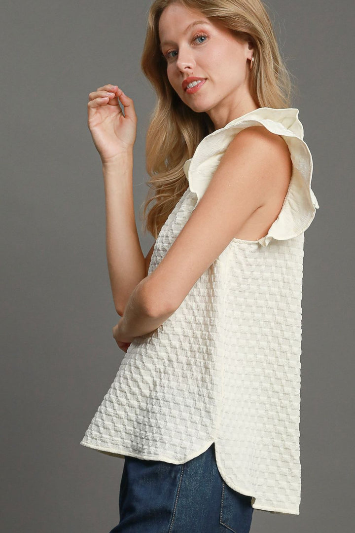 Cream Umgee Full Size Textured Jacquard V Neck Ruffle Cap Sleeve Blouse Plus Size