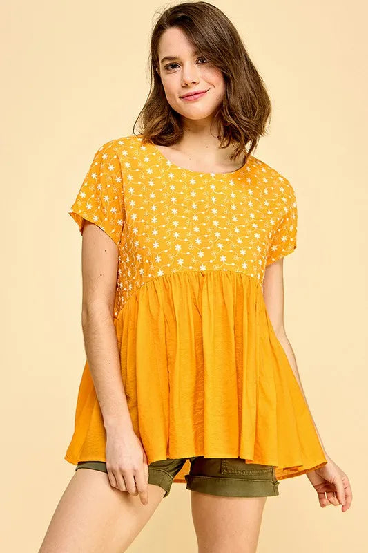 Orange Lime N Chili Embroidered Short Sleeve Pleated Babydoll Top