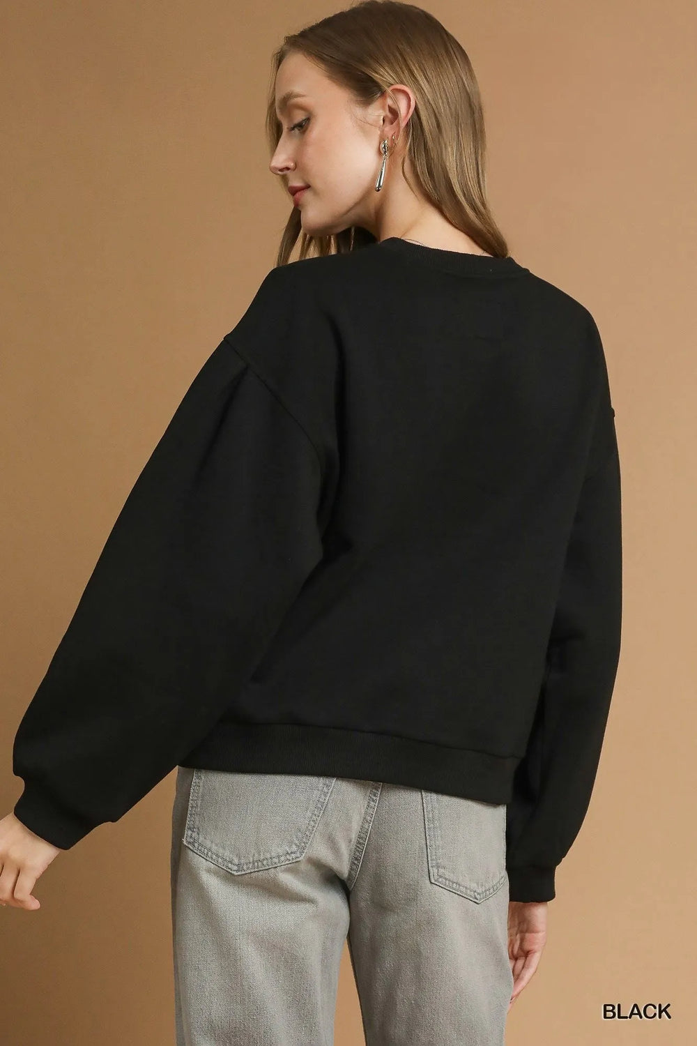 Black Umgee Round Neck Sweatshirt With Pleated Detail