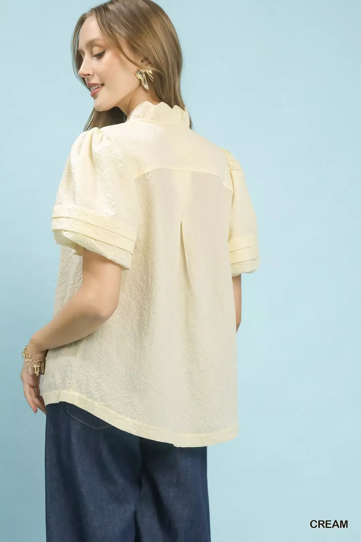 Cream Umgee Textured Scallop Trim Puff Sleeve Blouse