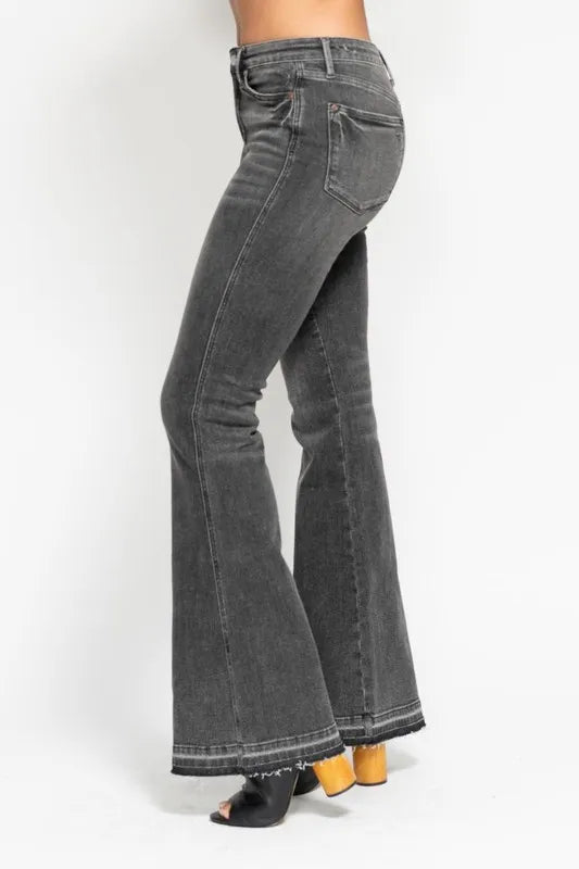 Gry Judy Blue Full Size Mid Rise Tummy Control Washed Gray Release Hem Flare Jeans Plus Size