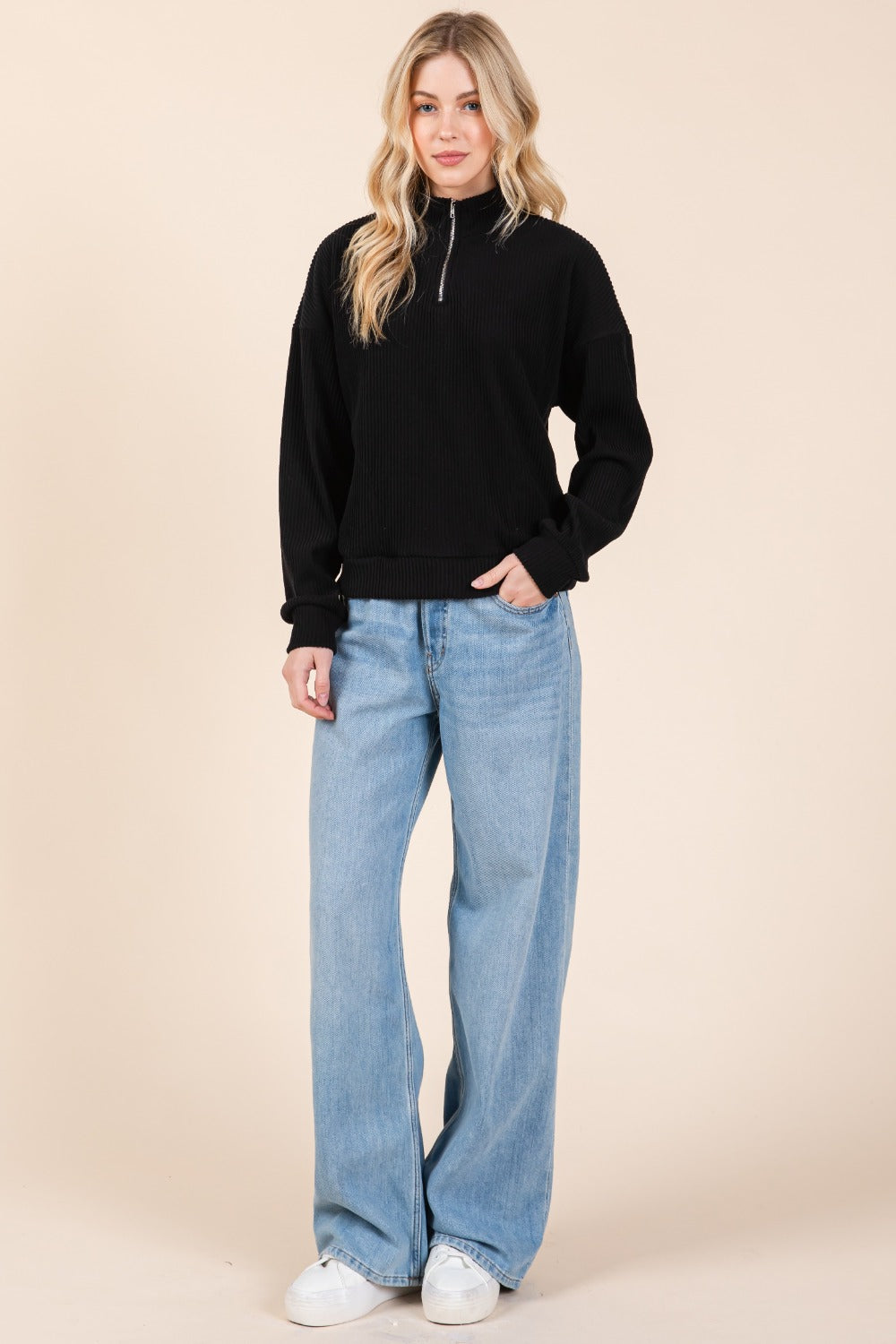 Black Bombom Quarter Zip Long Sleeve Sweatshirt With Pockets