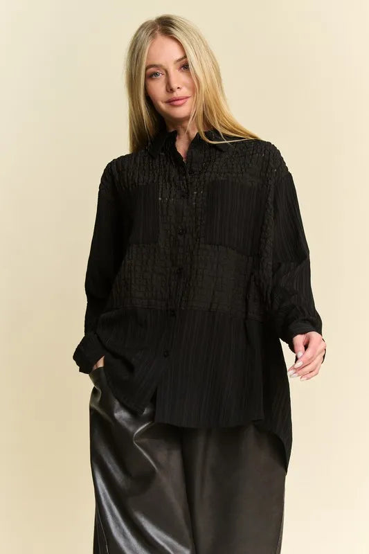 Black Davi Dani Crinkled Jacquard Button Down Shirt