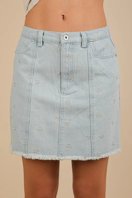 Lt Indigo Very J Bow Printed Casual Denim Mini Skirt 1