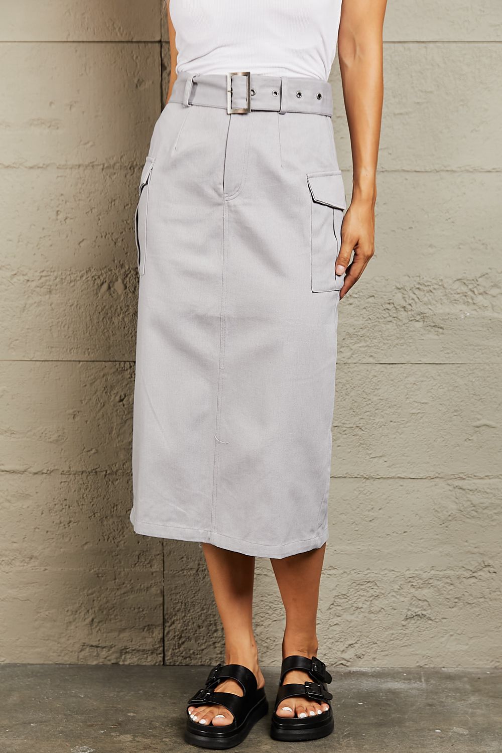 Light Gray Hyfve Professional Poise Buckled Midi Skirt