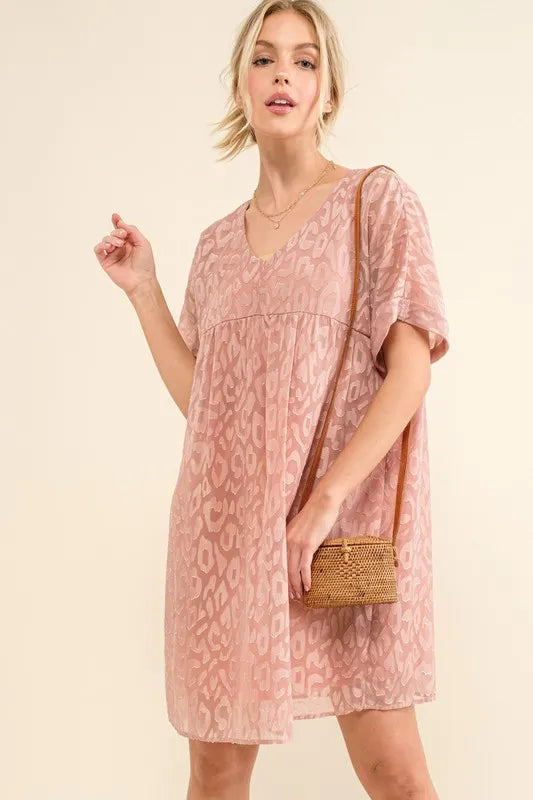 And The Why Woven Leopard Baby Doll Roll Sleeve Casual Dress