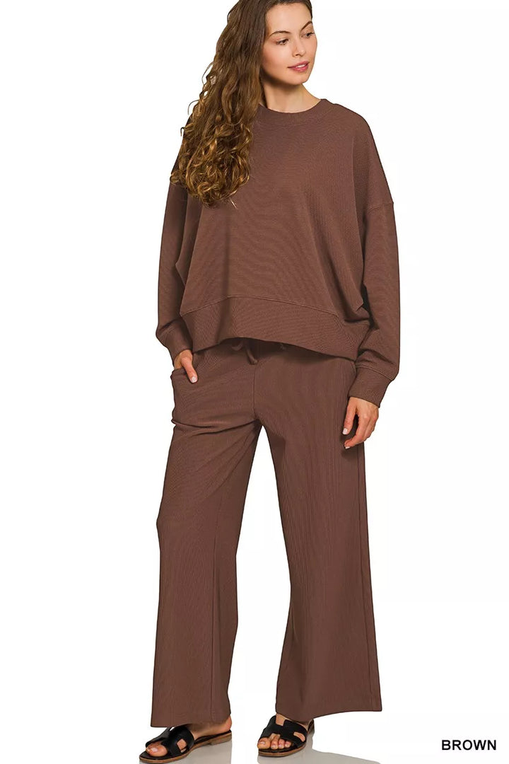 Brown Zenana Ribbed Round Neck Pullover And Drawstring Pants Set 1