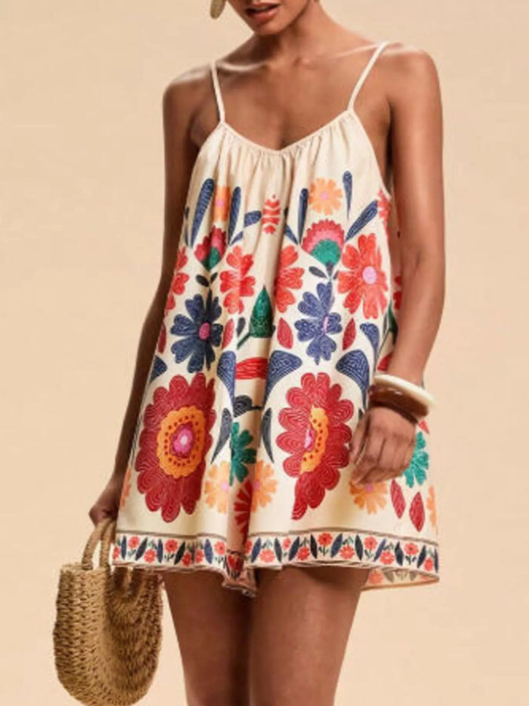 Red Floral Print Spaghetti Strap Romper