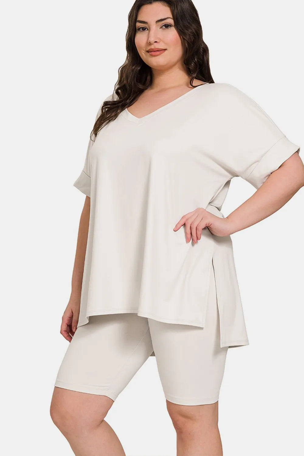 Bone Zenana Full Size V Neck Short Sleeve Slit T Shirt And Shorts Set