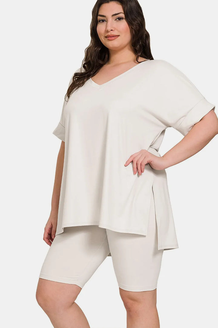 Bone Zenana Full Size V Neck Short Sleeve Slit T Shirt And Shorts Set