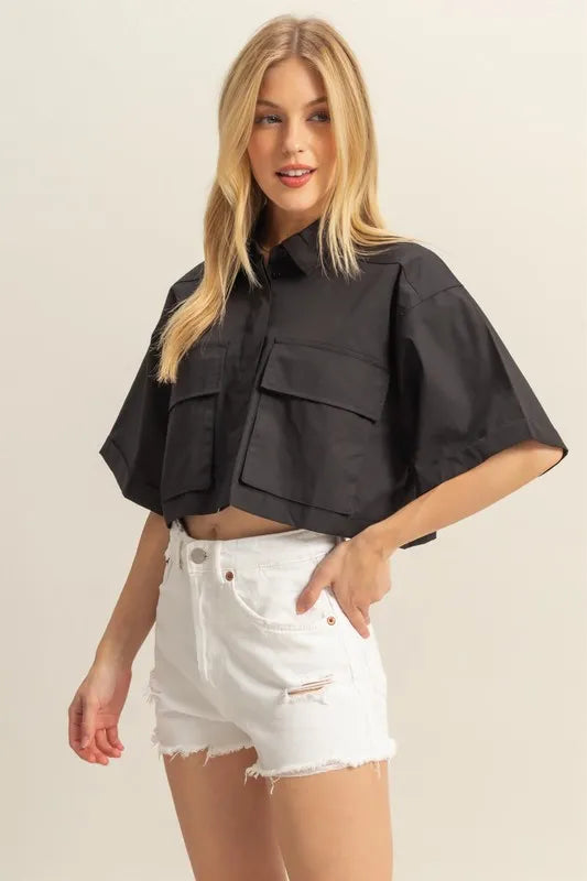 Black Hyfve Front Pockets Poplin Collared Neck Crop Shirt