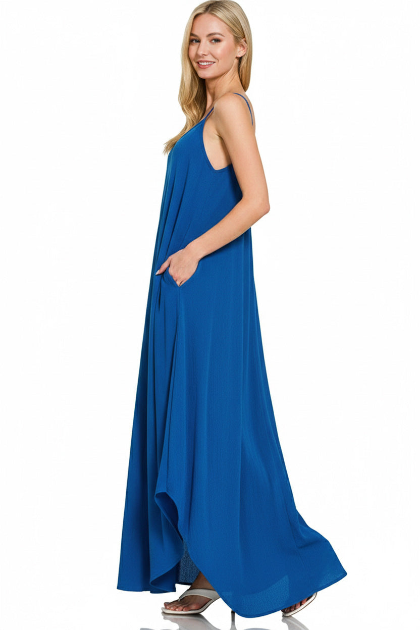 Classic Blue Zenana Woven Crinkle Cami Maxi Dress With Side Pockets