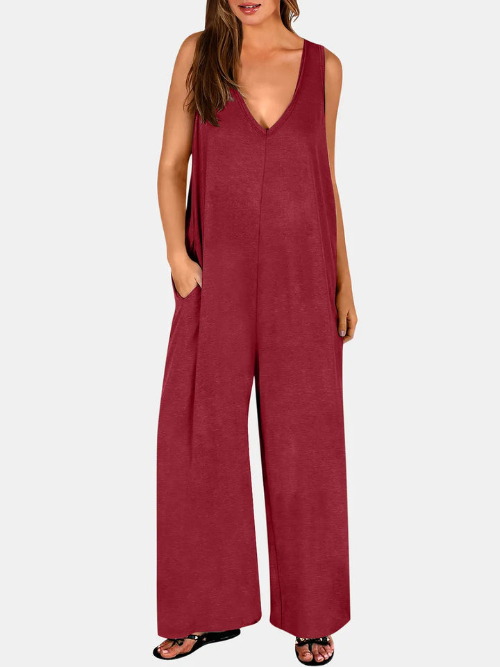 Burgundy Full Size V Neck Wide Strap Jumpsuit
