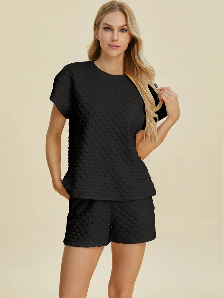 Double Take Full Size Texture T Shirt And Shorts Set