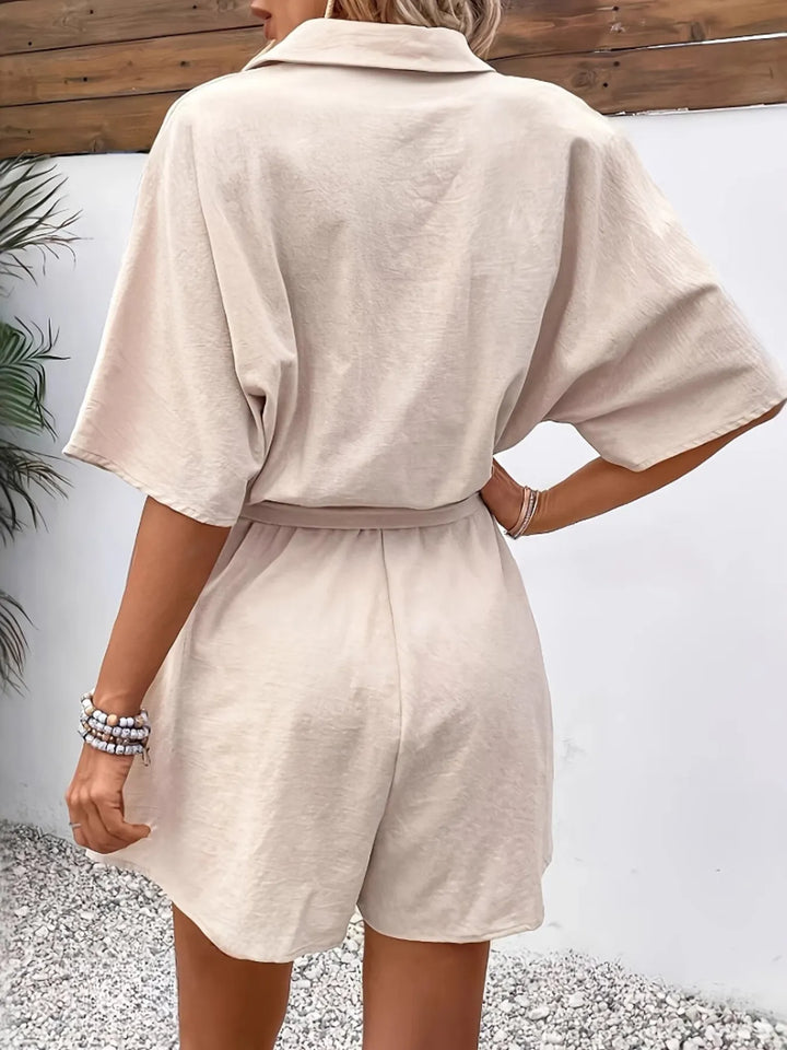 Khaki Button Front Tie Waist Romper