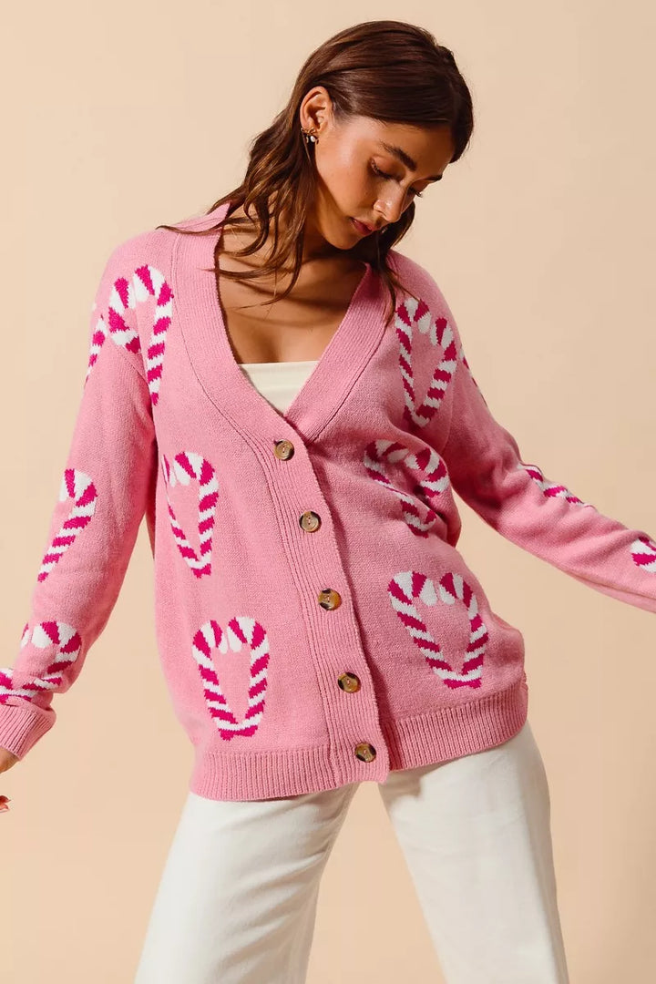 Pink So Me Christmas Candy Cane Button Front Sweater Cardigan