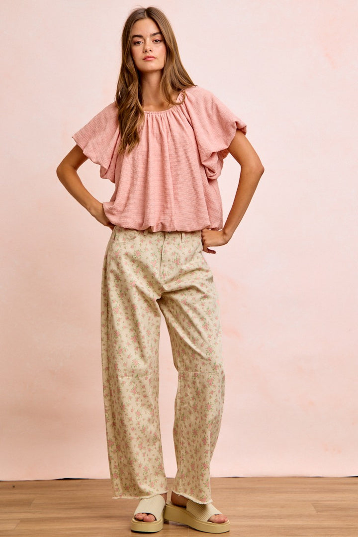 Bibi Stripes Textured Shirred Neckline Bubble Hem Top