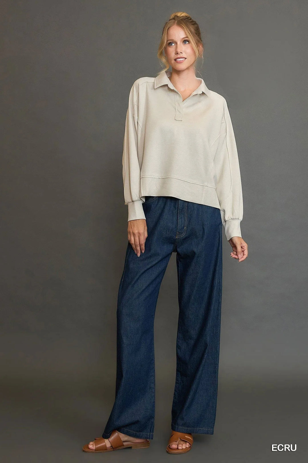 Umgee Collared Neck Long Sleeve Top With Raw Hem Detail 2