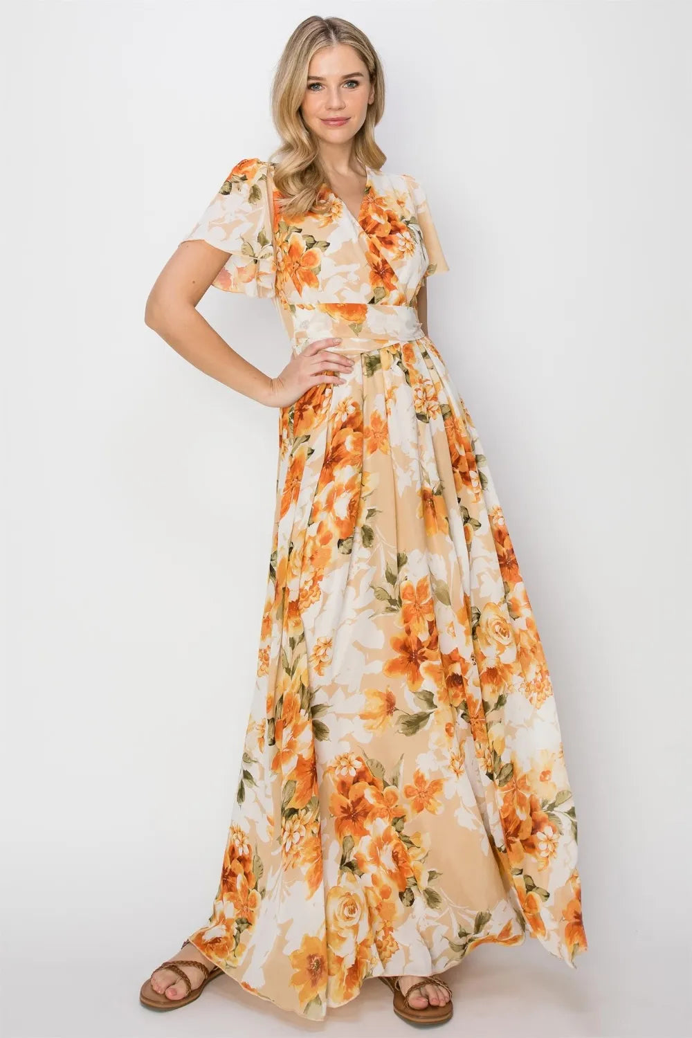 Orange Hyfve Floral Tie Back Short Sleeve Slit Maxi Dress
