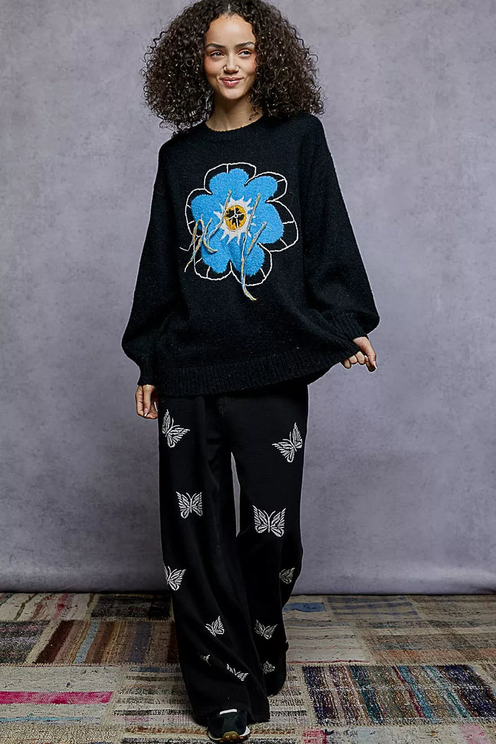 Pol Floral Pattern Round Neck Sweater With Exposed Stitching