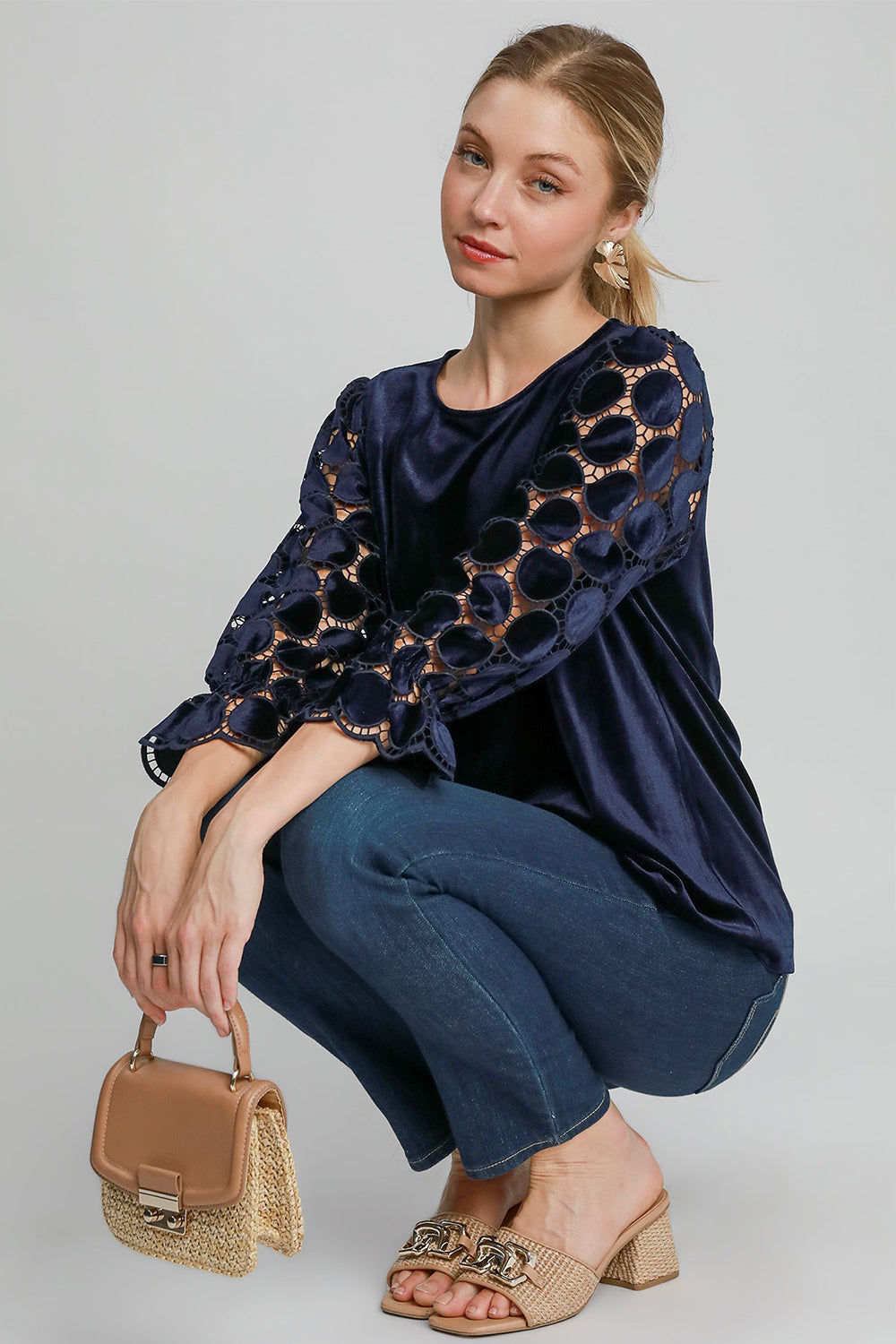 Umgee Polka Dot Lace Long Sleeve Round Neck Blouse 1