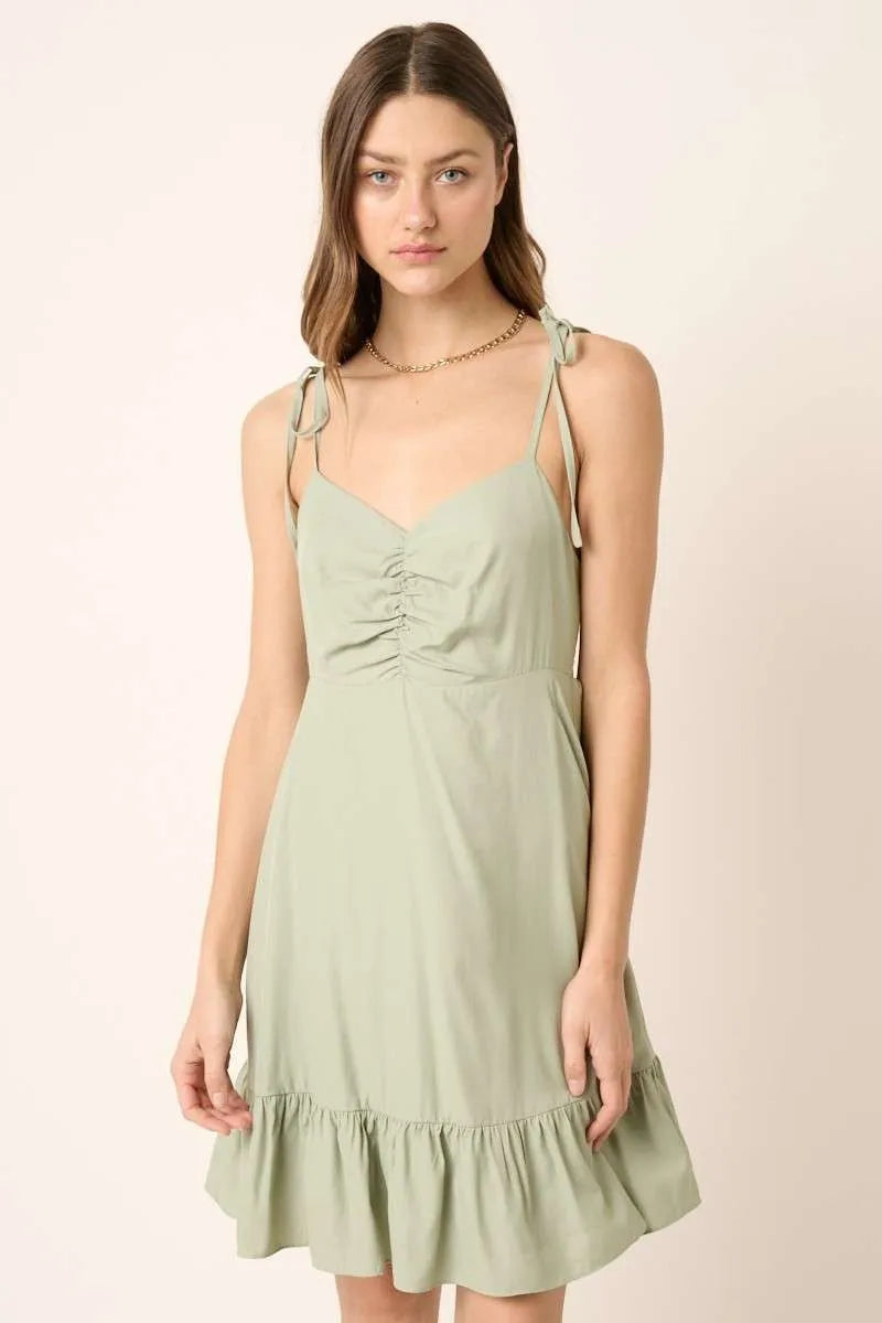 Sage Mittoshop Ruched Detail Spaghetti Tie Mini Dress 2