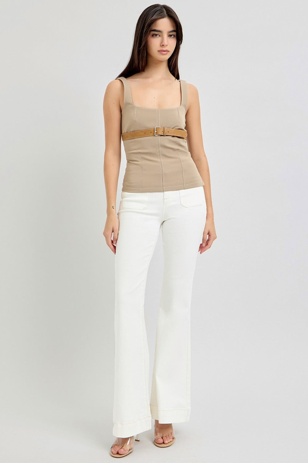 Cream Risen Full Size High Rise Front Patch Pocket Flare Jeans