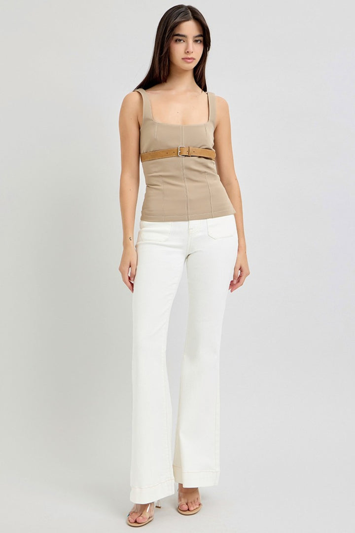 Cream Risen Full Size High Rise Front Patch Pocket Flare Jeans