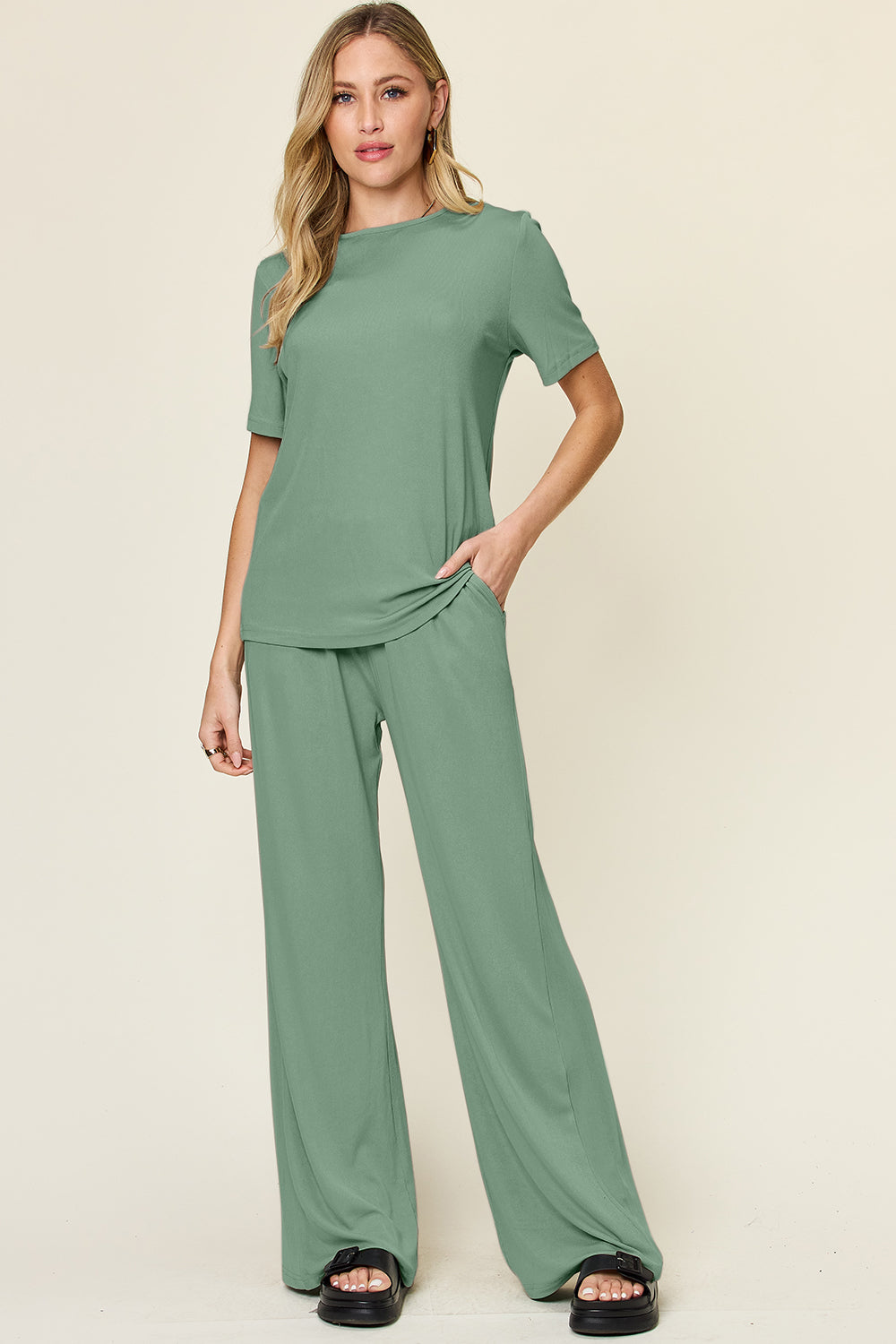 Light Green Double Take Full Size Round Neck Short Sleeve T Shirt And Wide Leg Pants Set