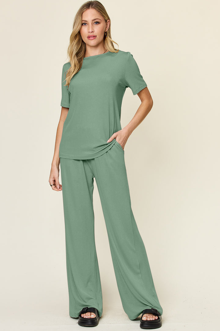 Light Green Double Take Full Size Round Neck Short Sleeve T Shirt And Wide Leg Pants Set