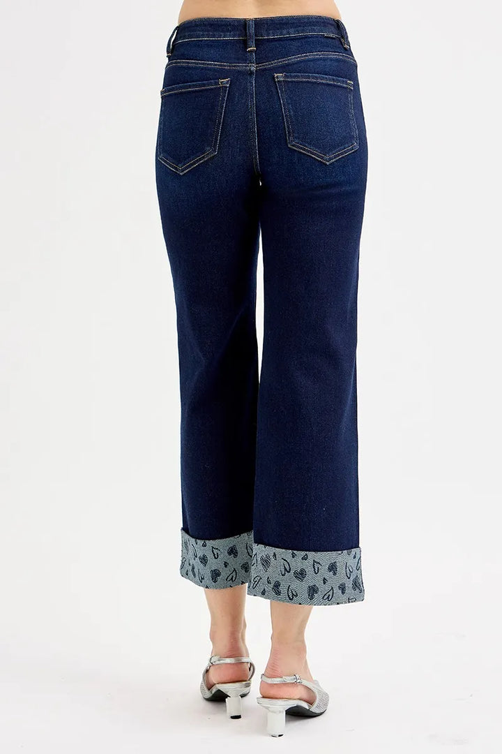 Dark Risen Full Size Mid Rise Fit Crop Wide With Printed Cuff Jeans Plus Size