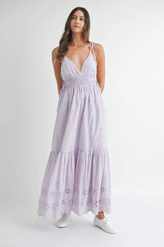 Lavender Mable Eyelet Lace Maxi Dress With Side Strap Details