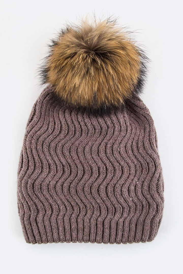 Ivory Raccoon Fur Pompom Chevron Knit Beanie