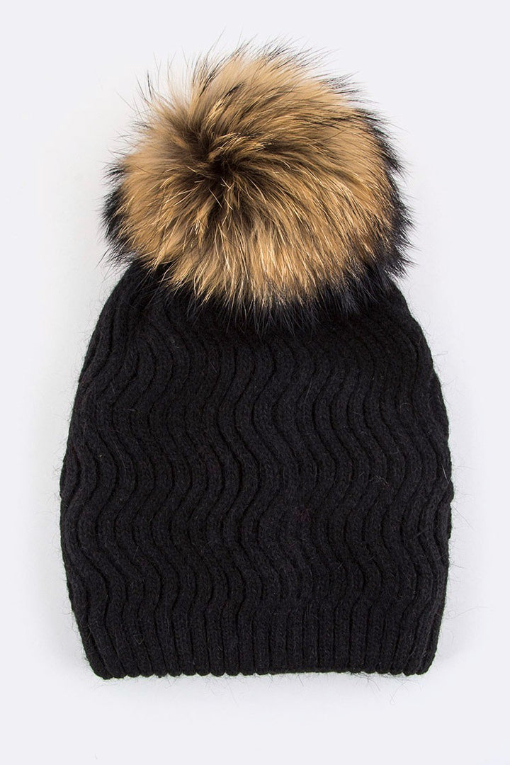 Navy Raccoon Fur Pompom Chevron Knit Beanie
