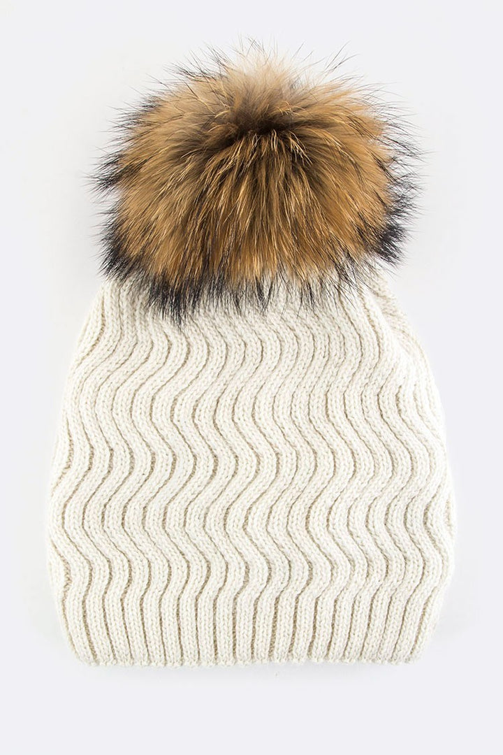 Brown Raccoon Fur Pompom Chevron Knit Beanie
