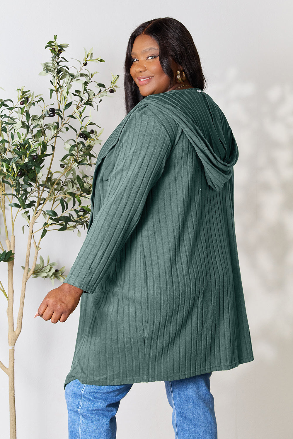 Dark Green Basic Bae Full Size Hooded Sweater Cardigan