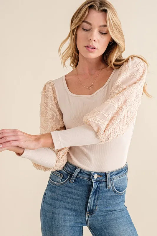 Beige And The Why Textured Puff Sleeve Bodysuit
