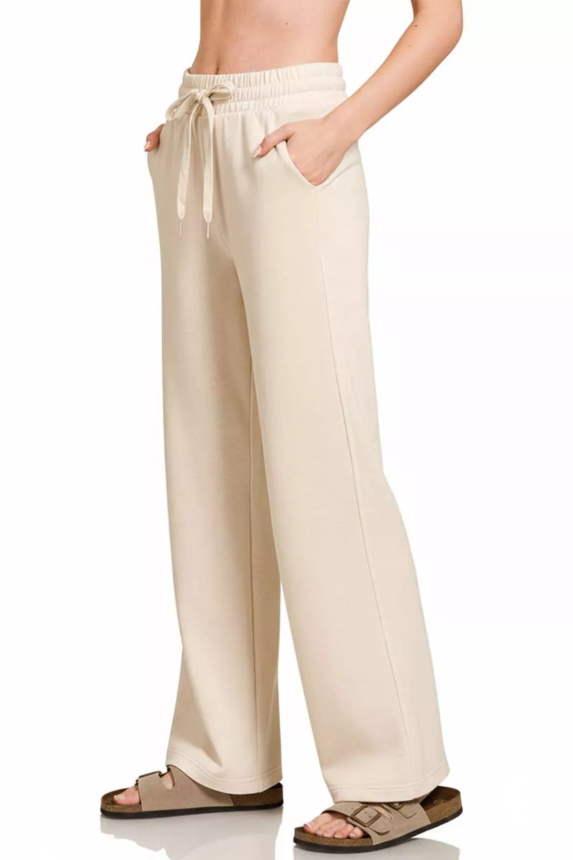 Sand Beige Zenana Scuba Drawstring Wide Leg Pants