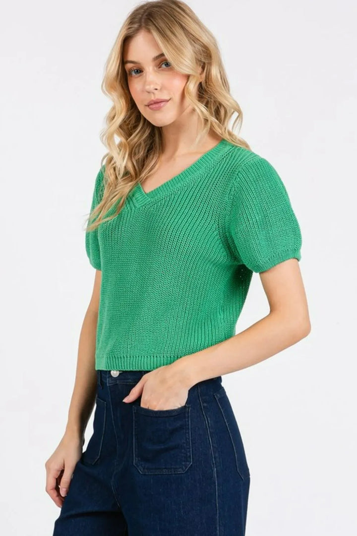 Jade Green Mittoshop V Neck Short Sleeve Crop Sweater