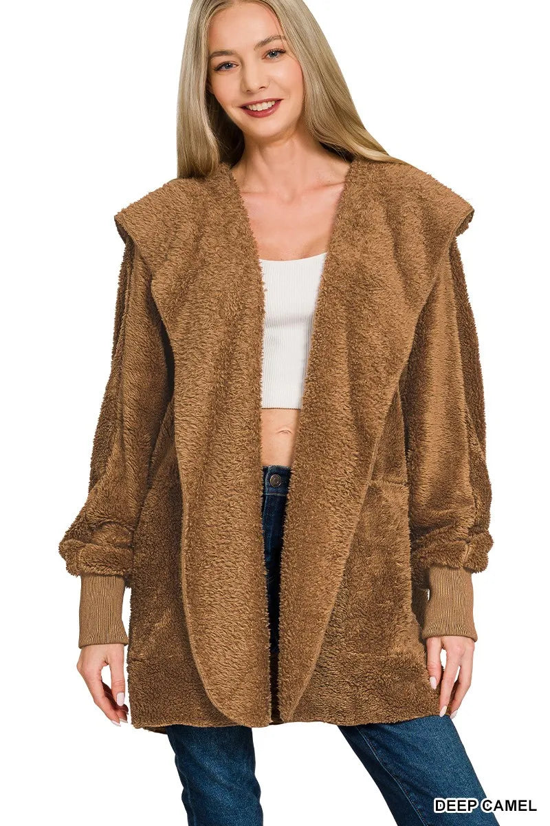 Deep Camel Zenana Hooded Faux Fur Jacket With Pockets 3