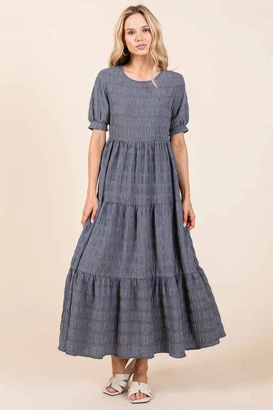 Charcoal Bombom Textured Short Sleeve Tiered Dress 1