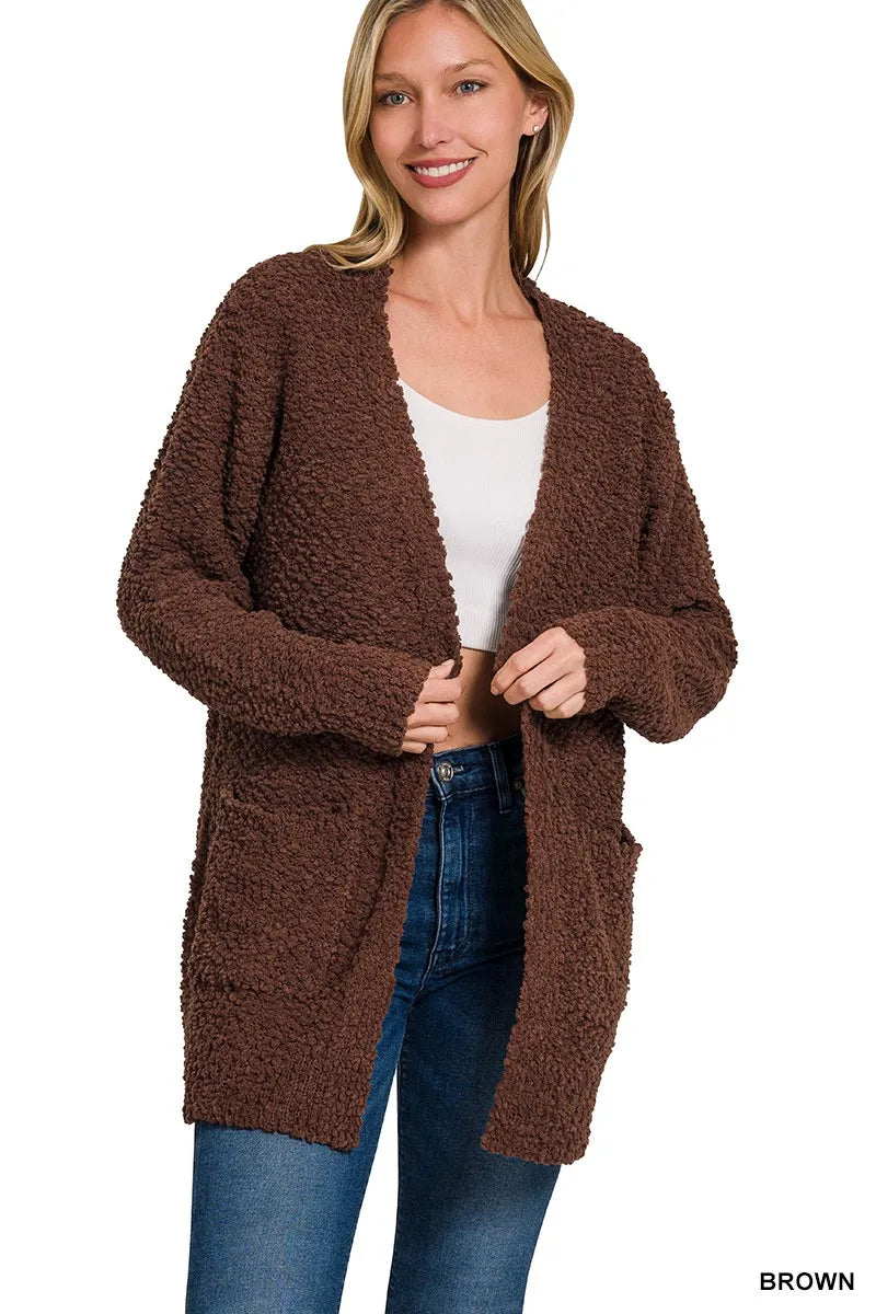 Brown Zenana Long Sleeve Popcorn Sweater Cardigan With Pockets