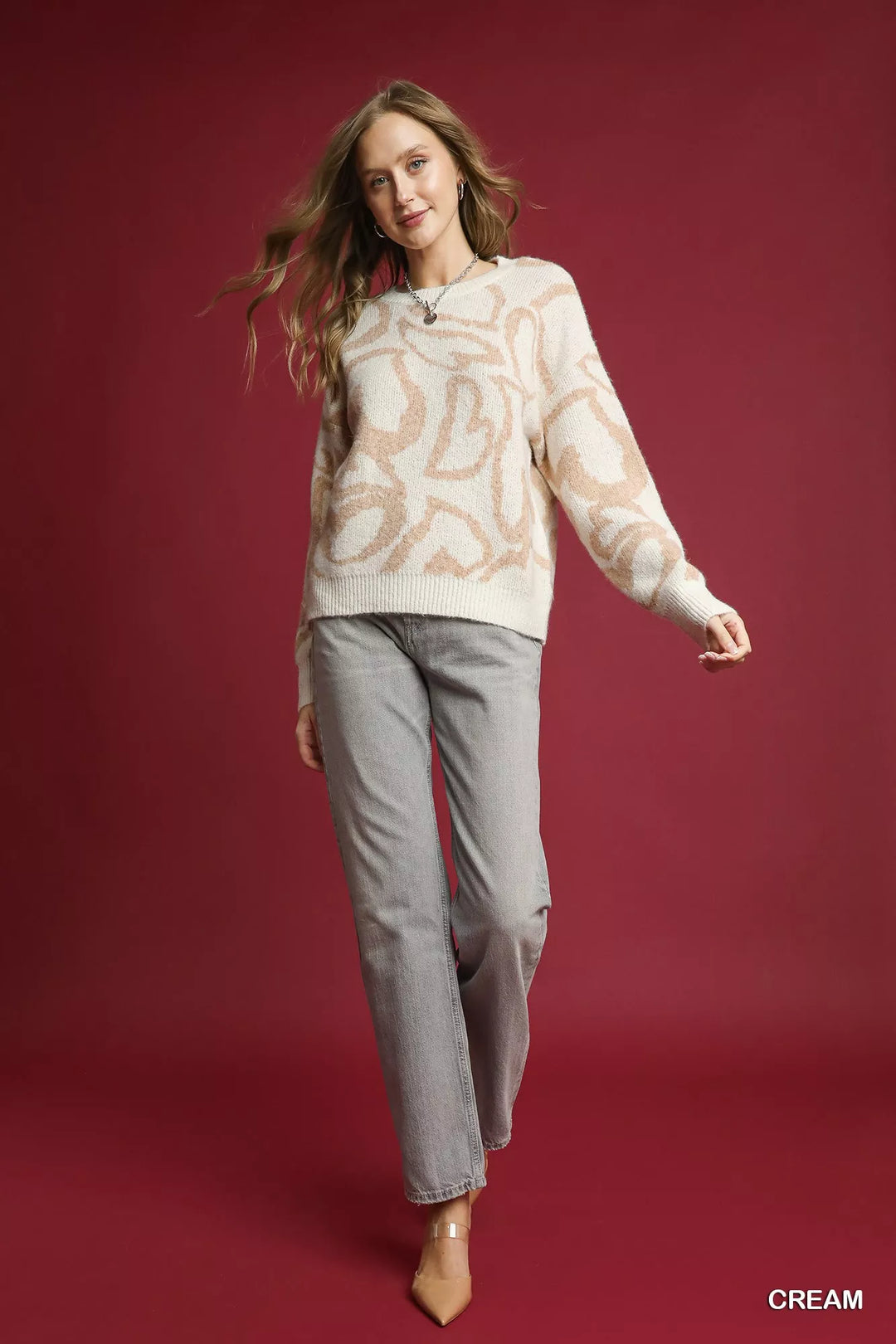 Umgee Heart Print Crew Neck Sweater 1